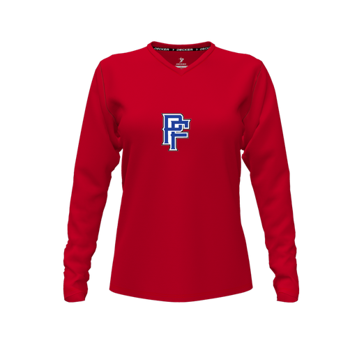 [CUS-DFW-TEES-PER-VNK-LSL-RED-FYXS-LOGO3] Performance T-Shirt (Female Youth XS, Red, V Neck, Logo 3, Long Sleeve)